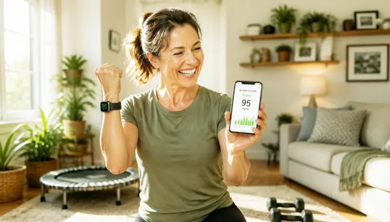 A smiling middle-aged woman in athletic wear holding her smartphone with a blood sugar reading, standing in a living room near a mini-trampoline and weights.
