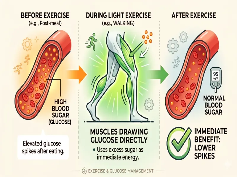 Infographic diagram showing blood vessels before, during, and after exercise, explaining how muscles draw glucose directly to lower blood sugar and immediate spikes.