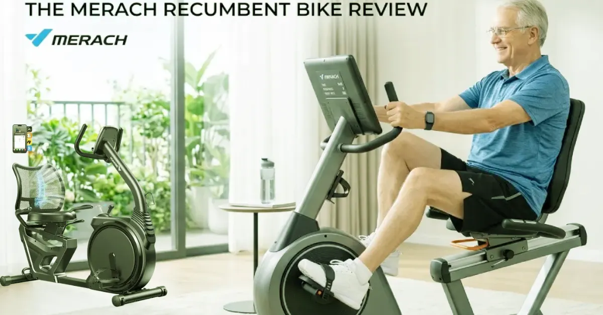 A cheerful Caucasian woman with short curly hair is happily using a modern MERACH recumbent exercise bike for a low-impact home workout to manage type 2 diabetes.