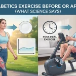 A graphic comparing blood sugar control when exercising before and after meals, based on science, featuring graphs, clock icons, and people doing activity.