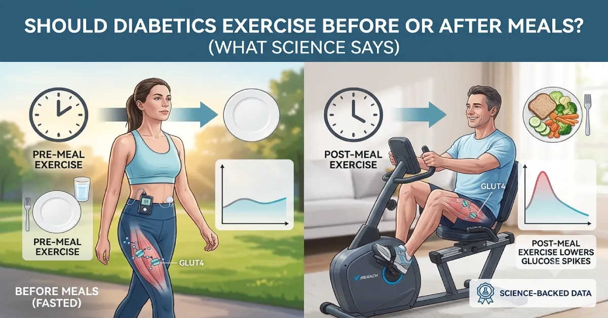 A graphic comparing blood sugar control when exercising before and after meals, based on science, featuring graphs, clock icons, and people doing activity.
