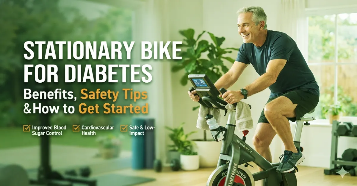Older adults using a stationary bike for diabetes-friendly exercise and blood sugar management