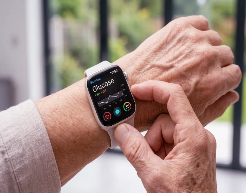 Close-up of an elderly hand touching an Apple Watch Series 11 with custom glucose data complication and health tracking metrics on a brightly lit screen.