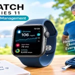 Apple Watch Series 11 with gold titanium case displaying real-time blood glucose graph and CGM metrics for diabetes management.