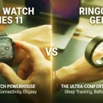 Comparison infographic of Apple Watch Series 11 showing CGM glucose tracking and Rin