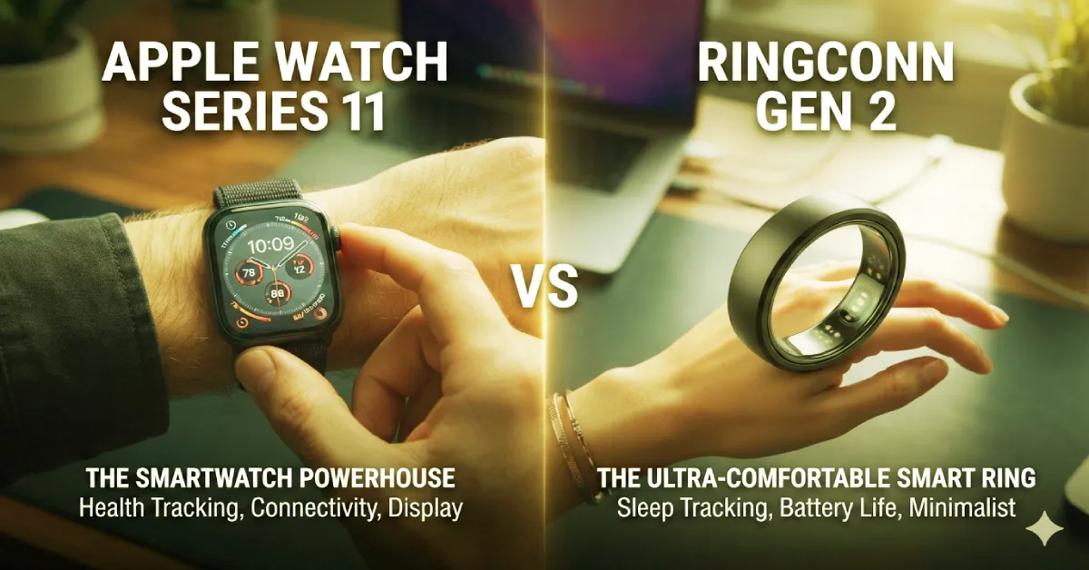 Comparison infographic of Apple Watch Series 11 showing CGM glucose tracking and Rin