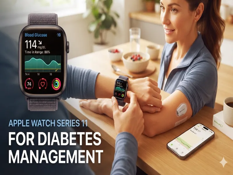 Close-up of Apple Watch Series 11 heart rate sensor and Fall Detection alert interface for senior health monitoring.