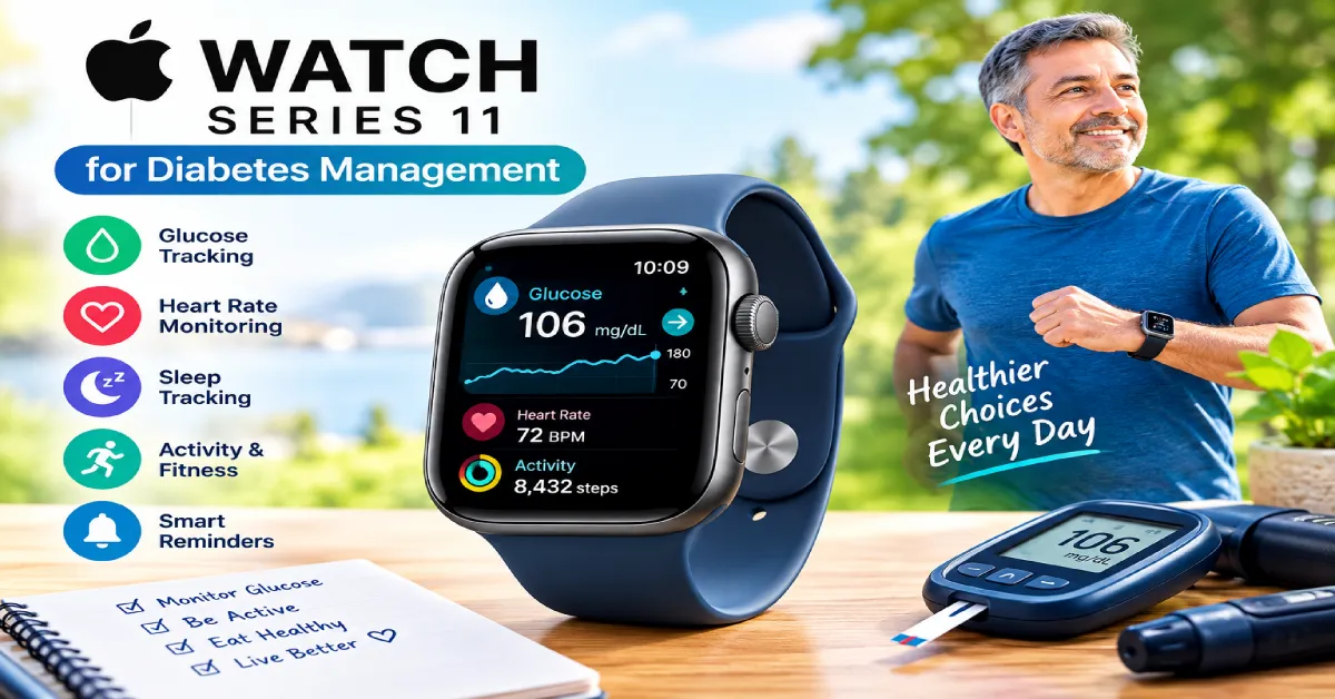 Apple Watch Series 11 with gold titanium case displaying real-time blood glucose graph and CGM metrics for diabetes management.