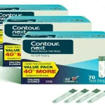 A stacked e-commerce product display featuring three boxes of Contour Next Blood Glucose Test Strips, value pack of 70 strips each with 40% more. Includes text 'FSA/HSA ELIGIBLE' and four individual strips on a clean white background.