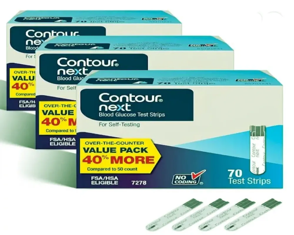 A stacked e-commerce product display featuring three boxes of Contour Next Blood Glucose Test Strips, value pack of 70 strips each with 40% more. Includes text 'FSA/HSA ELIGIBLE' and four individual strips on a clean white background.