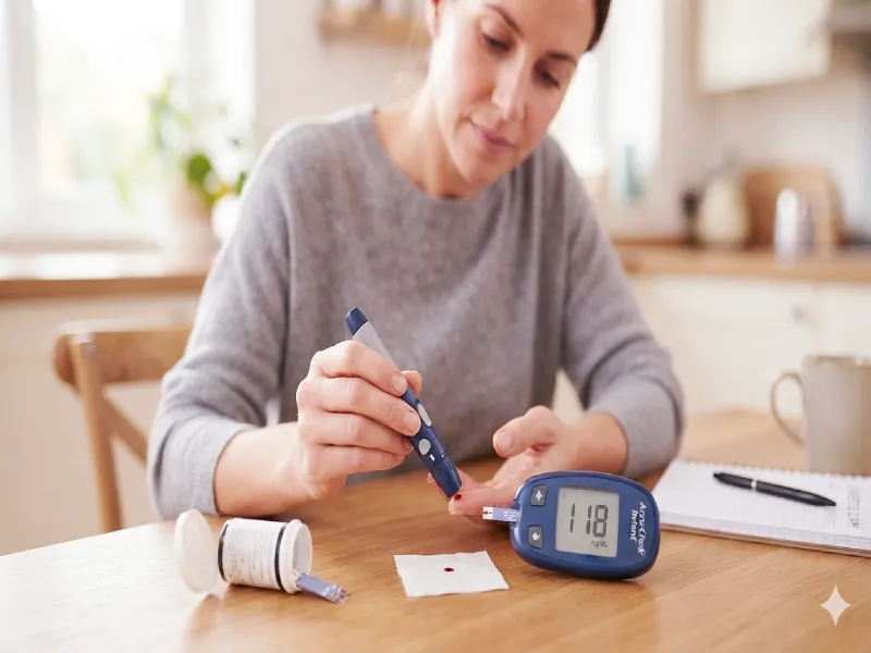 Older man using a lancing device to prick the side of his fingertip for blood sugar testing