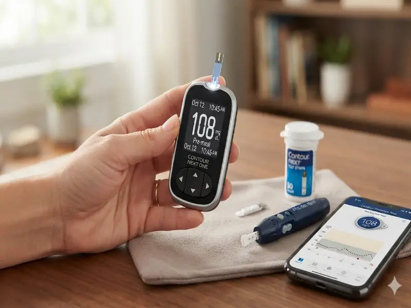 Contour Next One blood glucose meter held by senior for testing