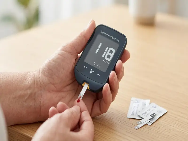 FreeStyle Precision Neo blood glucose meter held by senior showing reading with test strips