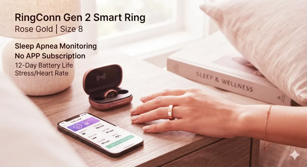 Rose Gold RingConn Gen 2 smart ring resting inside its compact portable charging case with LED battery indicator lights.