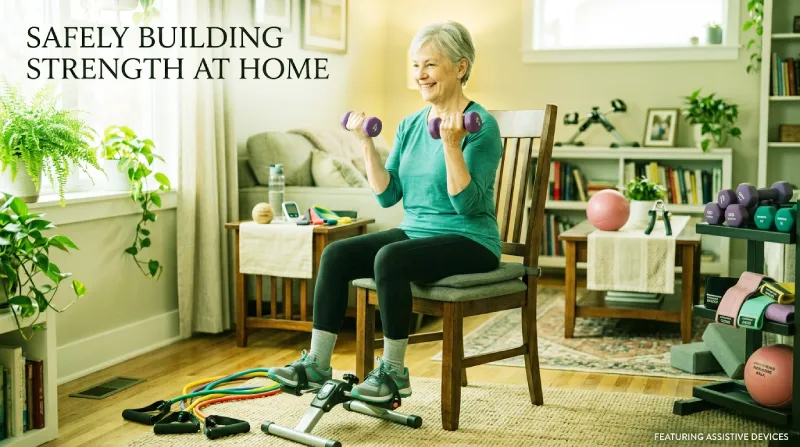 Detailed shot of a home exercise station for seniors showing light purple dumbbells, multi-colored resistance bands, and a pink therapy ball, suitable for diabetic seniors' joint-friendly workouts.