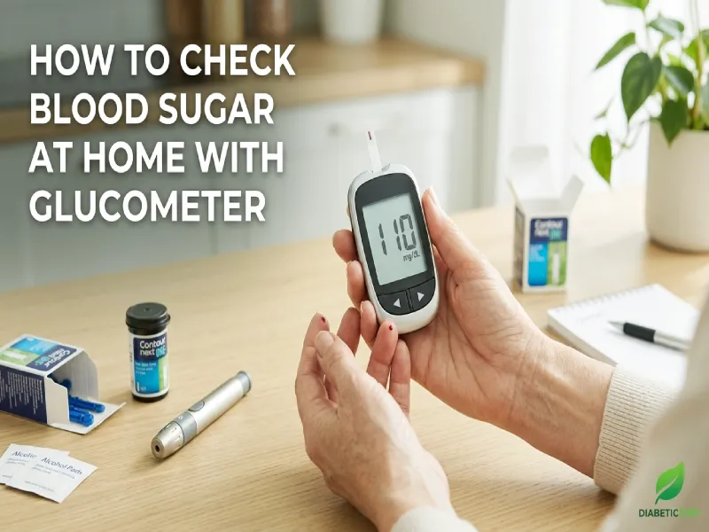 Close-up of a digital glucometer displaying a blood sugar reading of 110 mg/dL with a test strip inserted