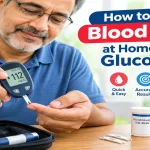 Senior checking blood sugar level at home using a digital glucometer and test strip