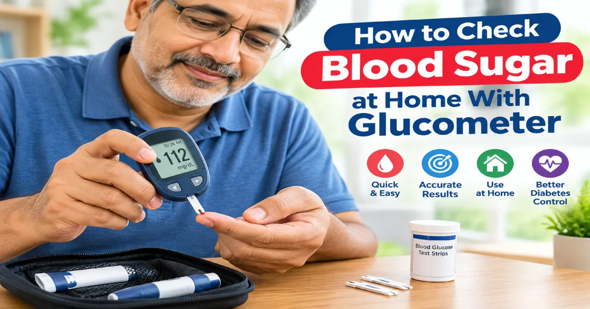 Senior checking blood sugar level at home using a digital glucometer and test strip
