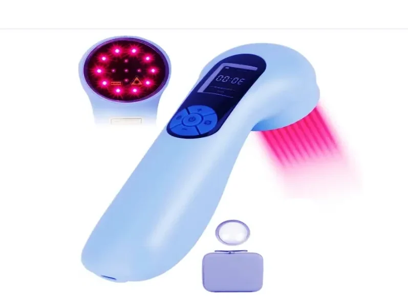 A handheld grey LLLT (Low-Level Laser Therapy) device displayed against a white background, featuring a glowing red emitter head, digital display showing "00:08", blue control buttons, and associated accessories including a grey protective magnetic cover, a small white button-cell item, a power adapter with a coiled USB cable, and a grey zippered carrying case embossed with a device silhouette and the text "LLLT THERAPY KIT