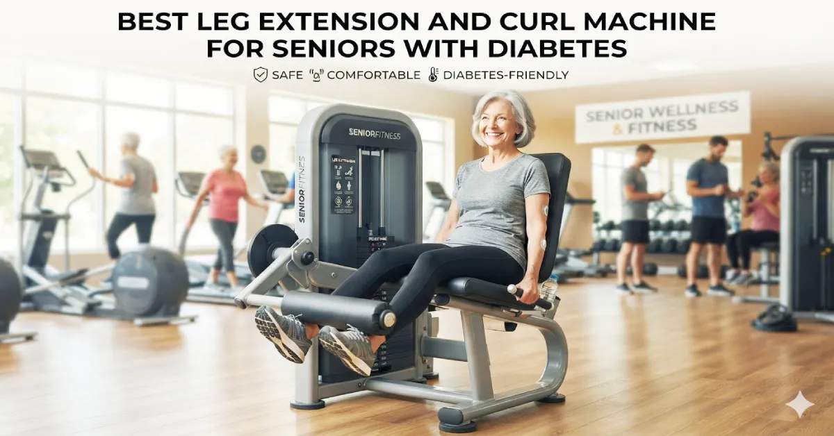 Seniors with diabetes using a dual leg extension and curl machine in a home gym setting