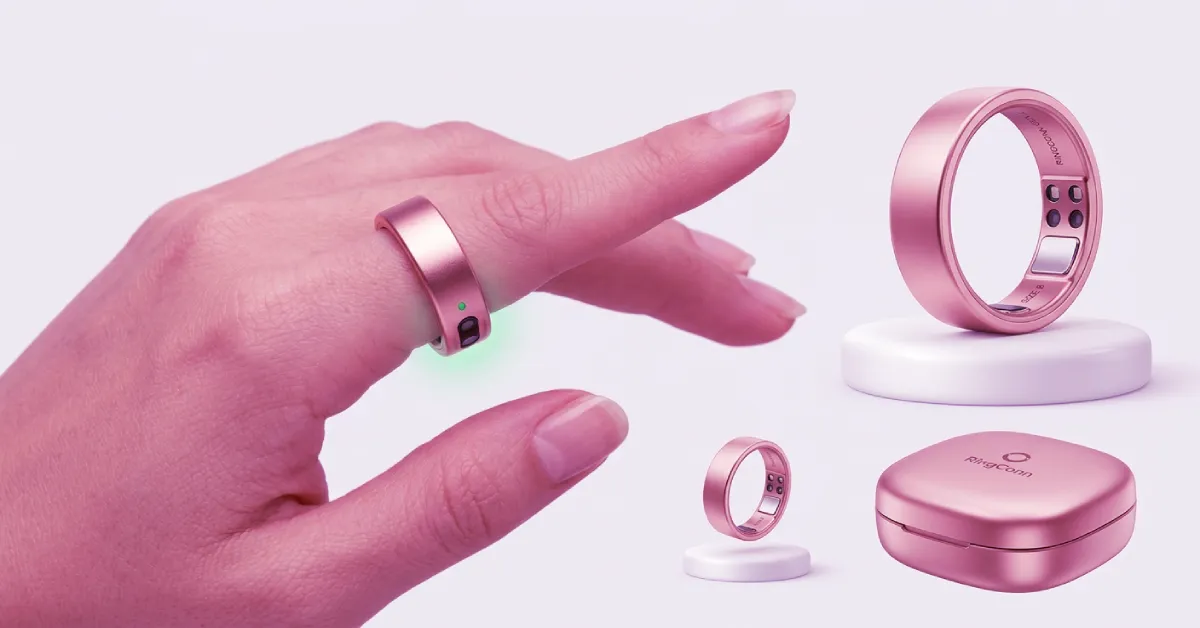 A Rose Gold RingConn Gen 2 smart ring shown being worn on an index finger with green PPG sensors glowing, alongside close-up shots of its inner optical sensors and matching metallic portable charging case.