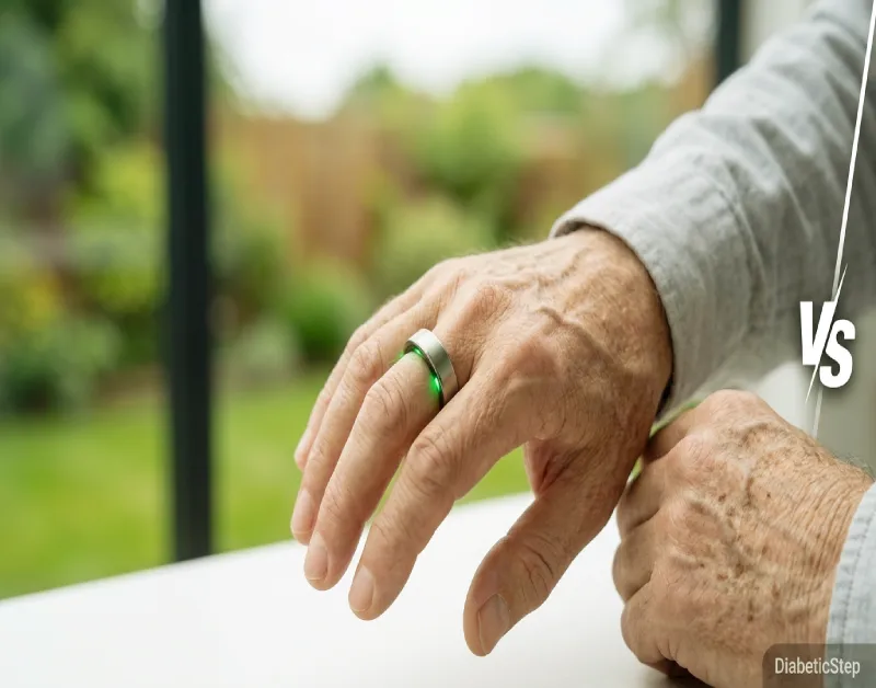 Detailed view of an elderly man's wrinkled hands, wearing a silver smart ring (RingConn Gen 2) with a green light sensor on the index finger, in a modern, brightly lit interior with garden view.
