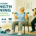 Cheerful senior woman performing safe seated dumbbell bicep curls at home with various senior-friendly exercise equipment clearly displayed.