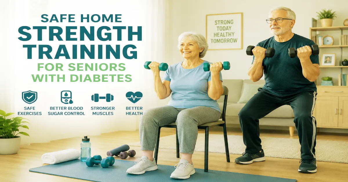 Cheerful senior woman performing safe seated dumbbell bicep curls at home with various senior-friendly exercise equipment clearly displayed.