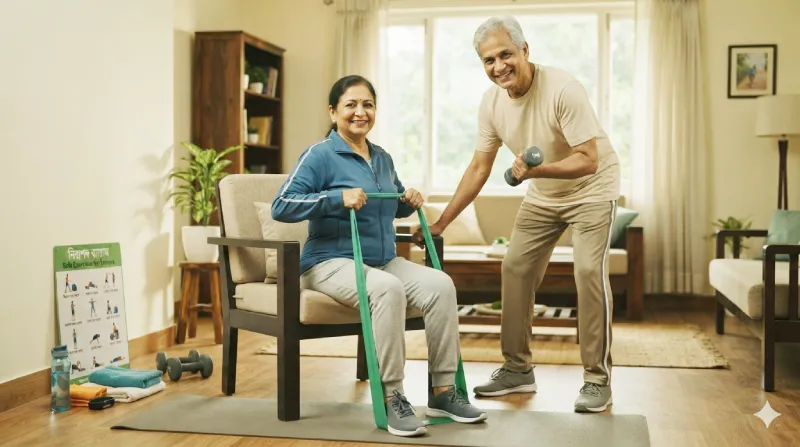 Close-up of a smiling senior woman wearing supportive diabetic shoes while using purple dumbbells for upper body strength training, seated safely in a home environment.