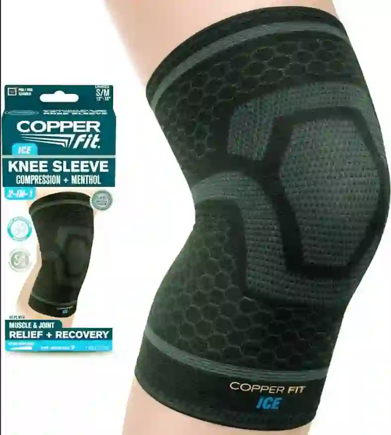 Copper Fit Ice Compression Sleeve with cooling menthol for diabetic knee pain relief.