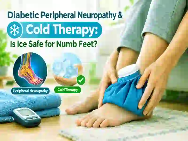 Senior patient using motorized cooling unit with digital timer control for diabetic foot pain relief