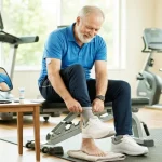 Senior man adjusting socks and putting on supportive diabetic shoes in a home gym during exercise testing prep.