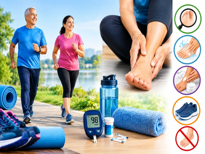 A senior diabetic inspecting foot health using a non-binding sock and moisture-wicking gear before exercise.