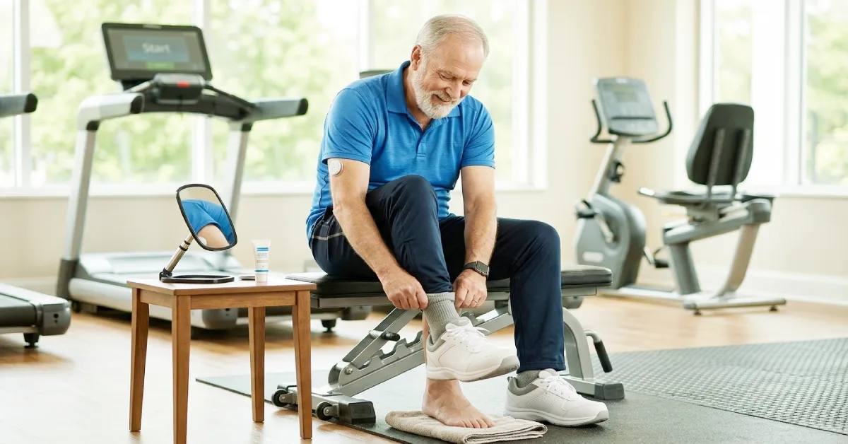 Senior man adjusting socks and putting on supportive diabetic shoes in a home gym during exercise testing prep.