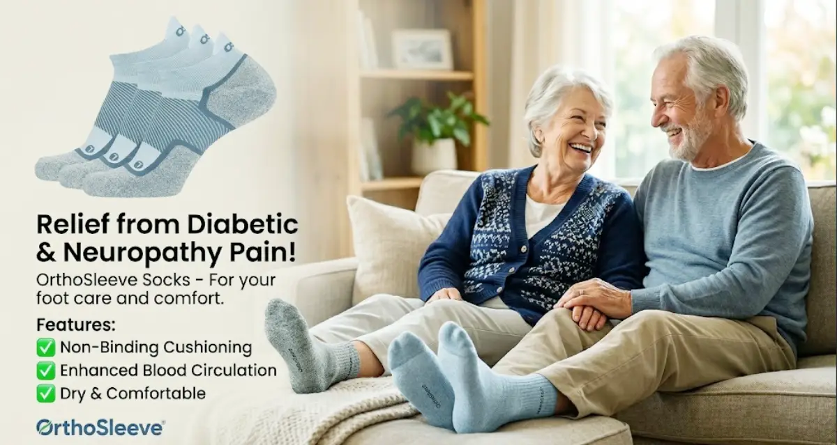 OrthoSleeve Diabetic and Neuropathy Socks 3 Pack package displayed for men and women foot care review.