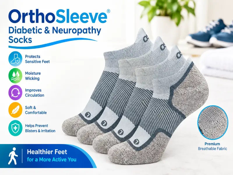 Close up of OrthoSleeve non binding cuff and seamless toe design for diabetic neuropathy relief.