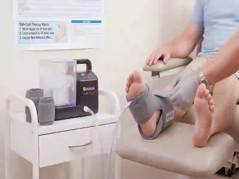 Ossur Cold Rush therapy system with flexible foot pad being applied in a clinic.